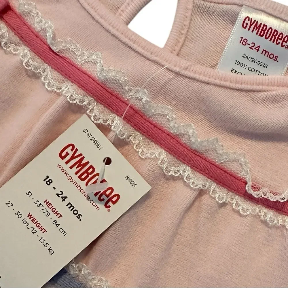 NWT Gymboree Vintage Spring Top Pink Puff Sleeves Bows Lace Girls Size 18-24M